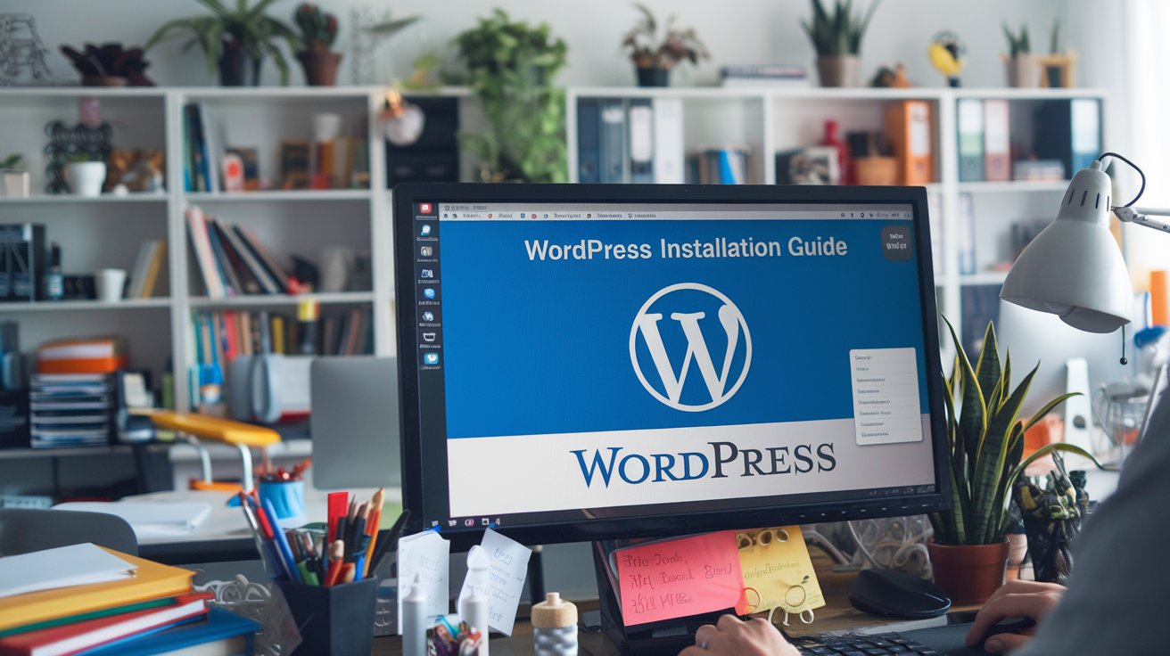 Create a realistic image of a computer screen displaying the WordPress logo and installation interface, with a person's hands typing on a keyboard in the foreground. The background should show a blurred office or home workspace setting. Include the text "WordPress Installation Guide" prominently displayed above the screen.