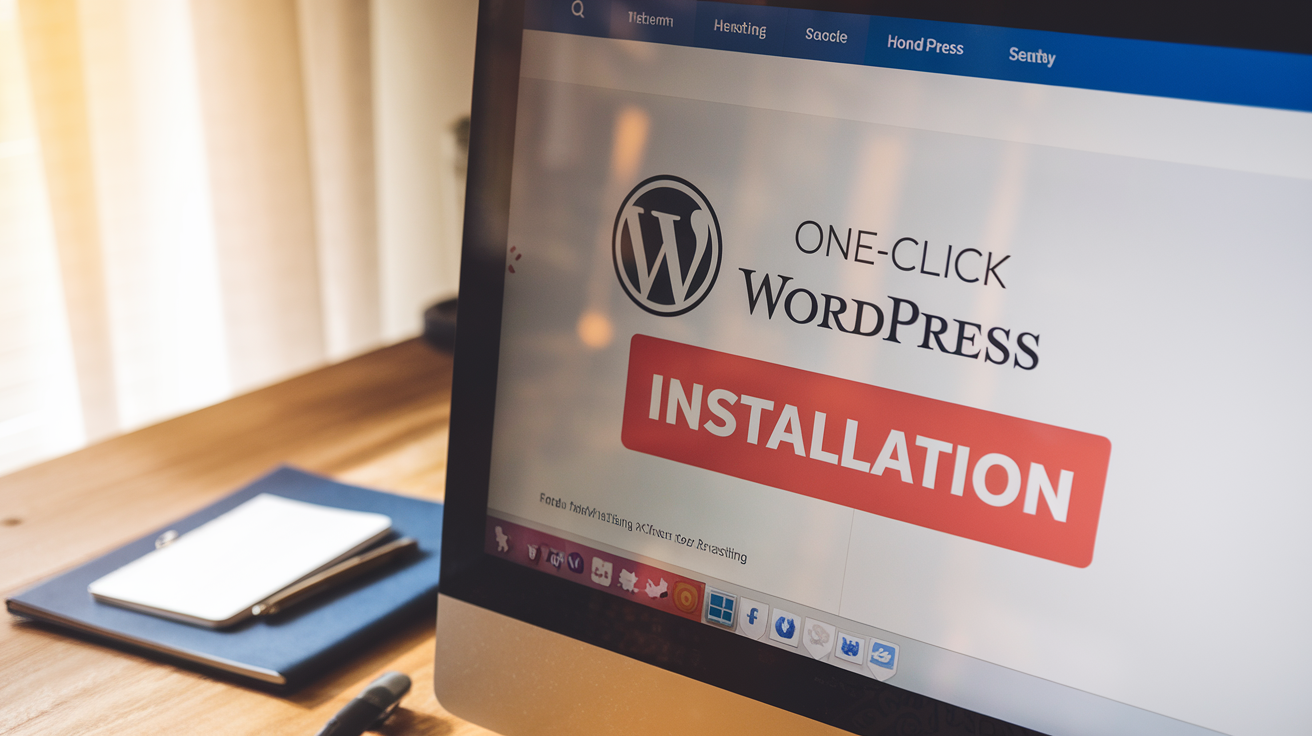 Create a realistic image of a computer screen displaying a WordPress hosting provider's website, showing a "One-Click WordPress Installation" button prominently. The screen is placed on a wooden desk with a notepad and pen nearby, suggesting a home office setting. Soft, warm lighting illuminates the scene, creating a welcoming atmosphere for beginners starting their WordPress journey.