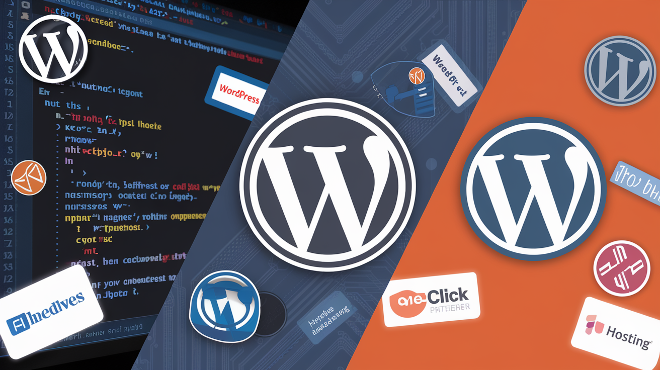 Create a realistic image of a split-screen display showing three different methods of WordPress installation: a command line interface with code, a web-based control panel interface, and a one-click installer button. The background should be a subtle tech-inspired pattern with WordPress logos. Include visual representations of various hosting provider logos floating around the edges of the image.