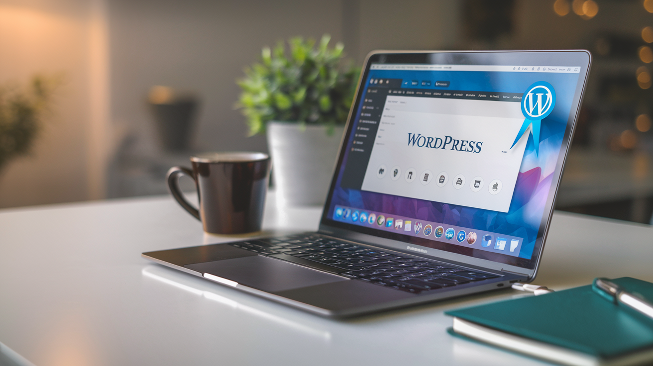 Create a realistic image of a sleek laptop screen displaying the WordPress dashboard, with a rocket icon launching from the top right corner of the screen, symbolizing quick setup. The laptop is placed on a modern wooden desk with a coffee mug and notebook nearby, creating a productive workspace atmosphere. Soft, warm lighting illuminates the scene, highlighting the excitement of starting a new website project.